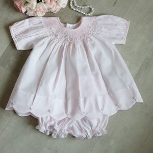 Pink Smocked Scalloped Bishop Dress & Bloomer Feltman Brothers  6 Months